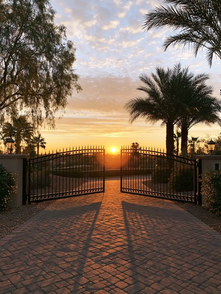 Automatic driveway gates in Tempe, AZ standing fully open at sunset, both leaves level, with palms and a paver drive running through