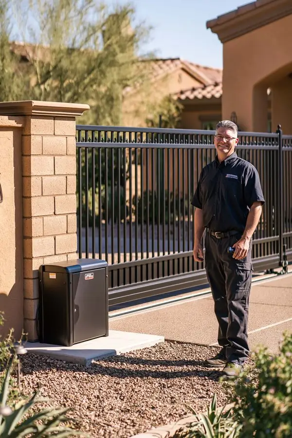 Automatic gate repair in Tempe, AZ with a technician beside a working driveway gate operator