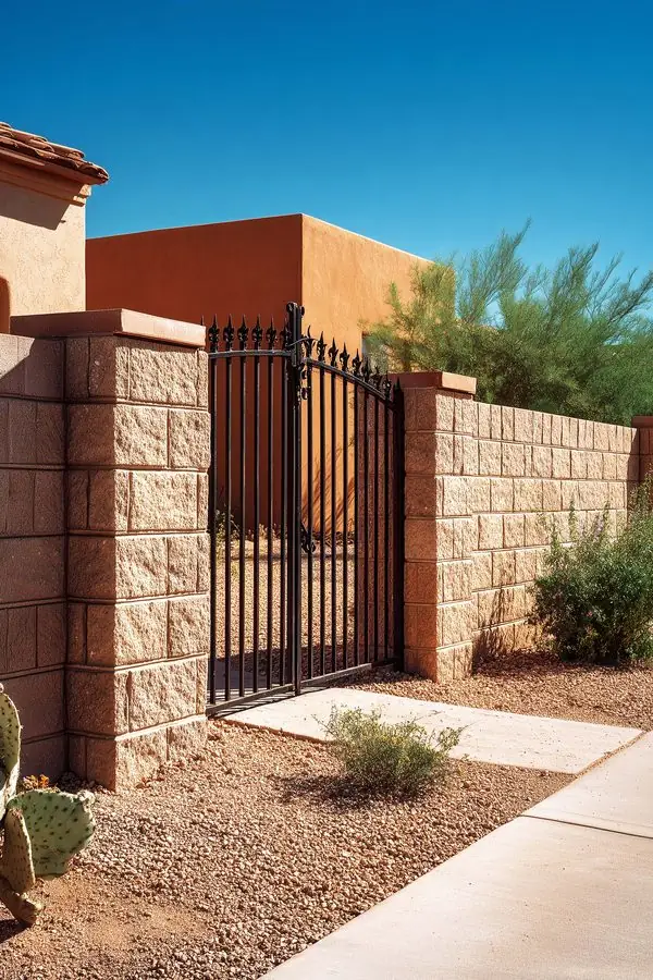 Finished tan block wall and iron gate after block wall repair in Tempe, AZ