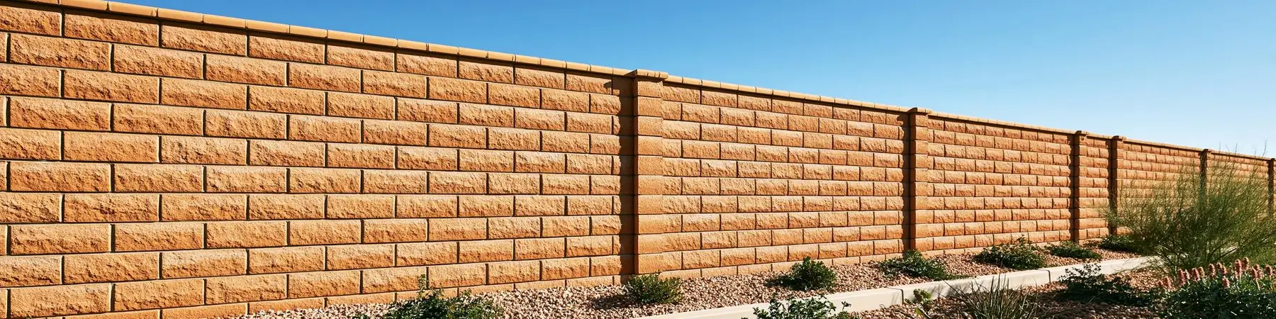 Long tan block wall in Tempe, AZ standing straight and clean along a desert planting bed