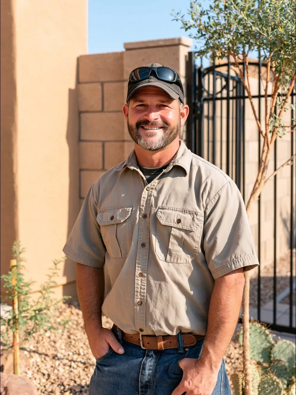 Smiling fence contractor beside a finished block wall and wrought iron gate at a Tempe, AZ home