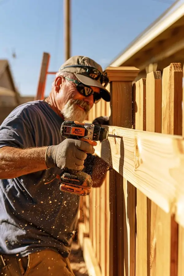Fence repair in Tempe, AZ with a carpenter driving screws into the rail of a new wood fence