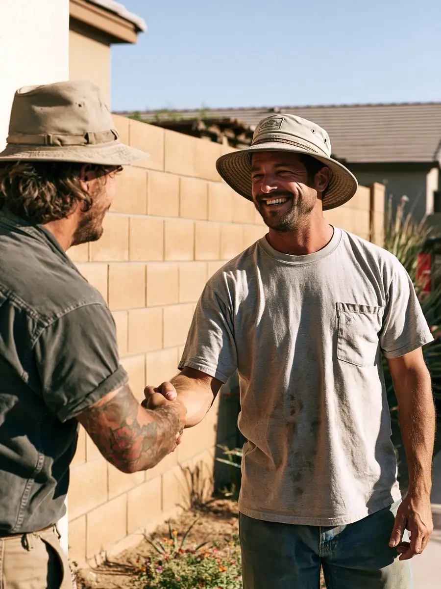 Fence contractor and homeowner shaking hands beside a block wall after a free estimate in Tempe, AZ