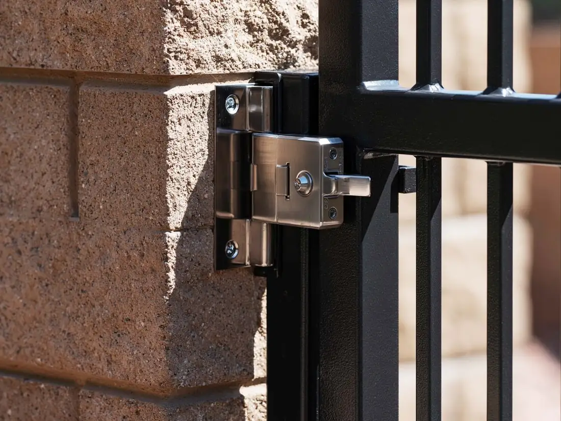 Close view of a clean gate hinge and latch on a black iron gate in Tempe, AZ, the hardware bright and properly aligned against the block pilaster