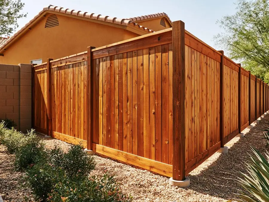 New fence installation in Tempe, AZ with a finished cedar privacy fence running true along the property line