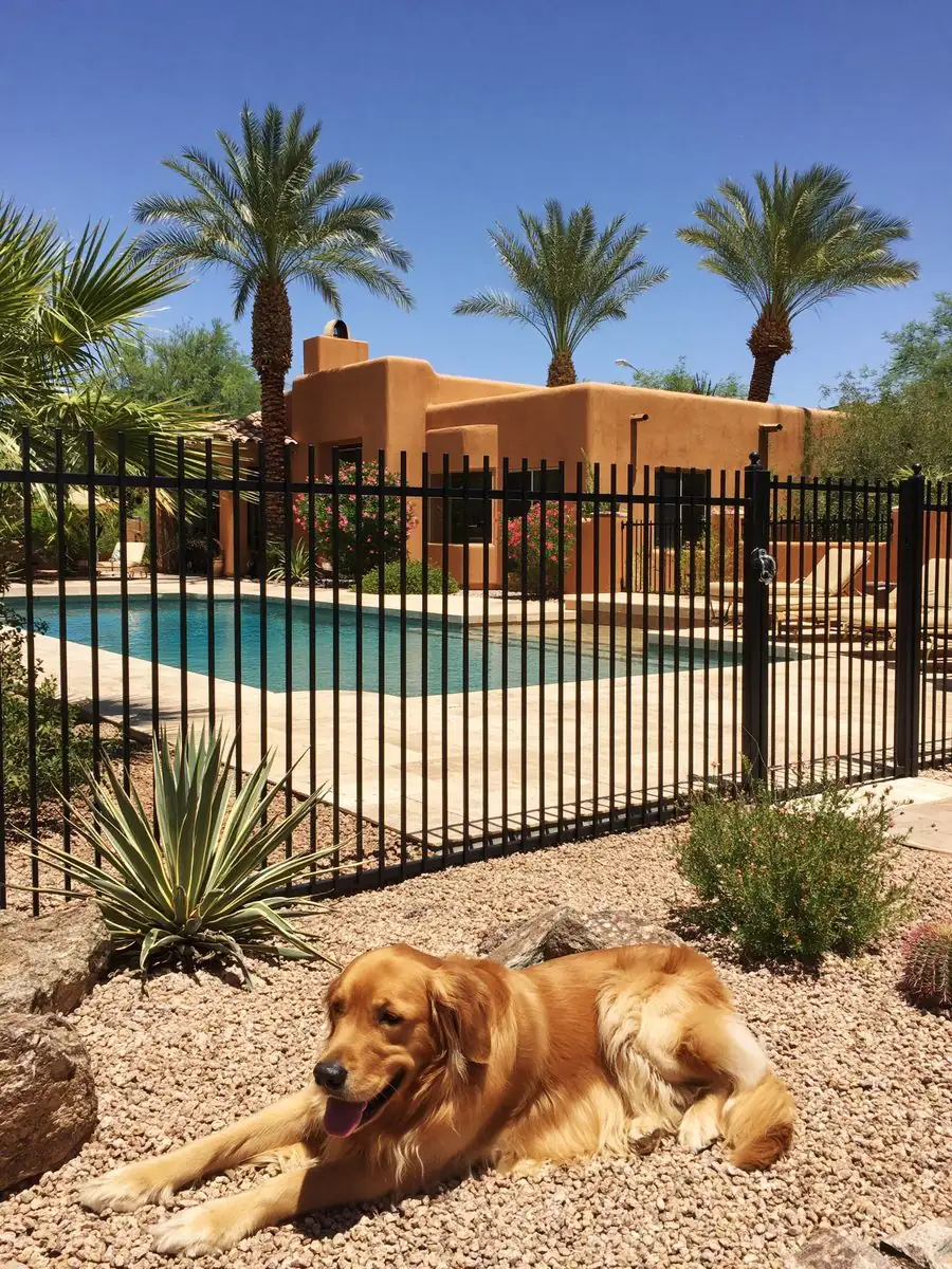 Golden retriever resting on the safe side of a black iron pool fence at a Tempe, AZ home, the gate latched and the pool beyond