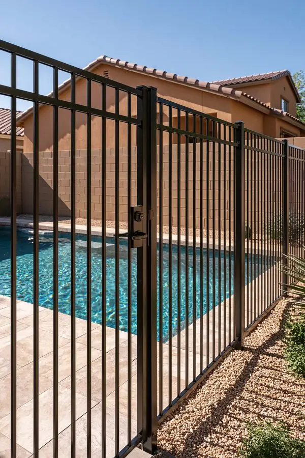 Pool fence in Tempe, AZ enclosing a bright backyard pool with a self-latching gate closed and secure