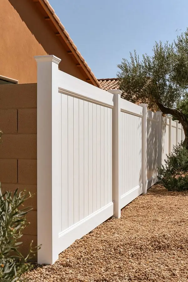 Vinyl fence installation in Tempe, AZ in bright white panels with crisp posts and caps