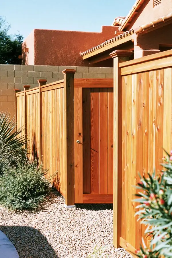 Wood fence installation in Tempe, AZ with warm even cedar boards and a matching gate