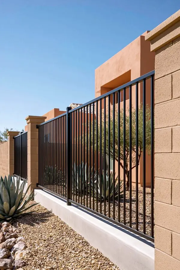 Wrought iron fence in Tempe, AZ with an even black finish running between tan block pillars